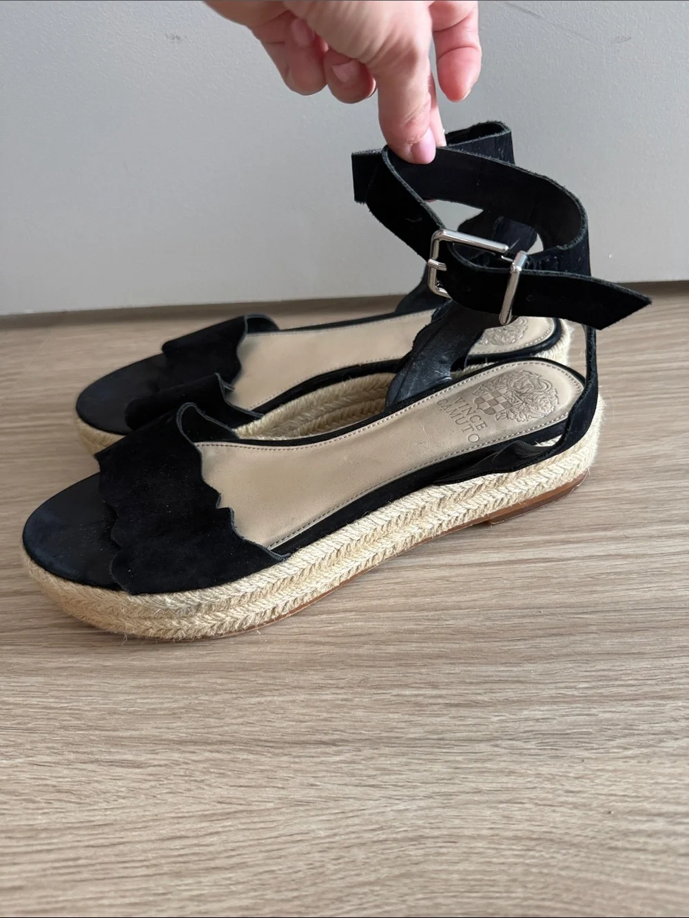Vince Camuto Black Suede Scalloped Espadrille Sandals